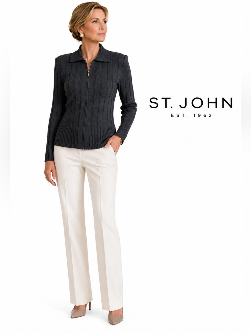 St.John Old Money Charcoal Ribbed Santana Knit Full Zip Closure Cardiga Sweater